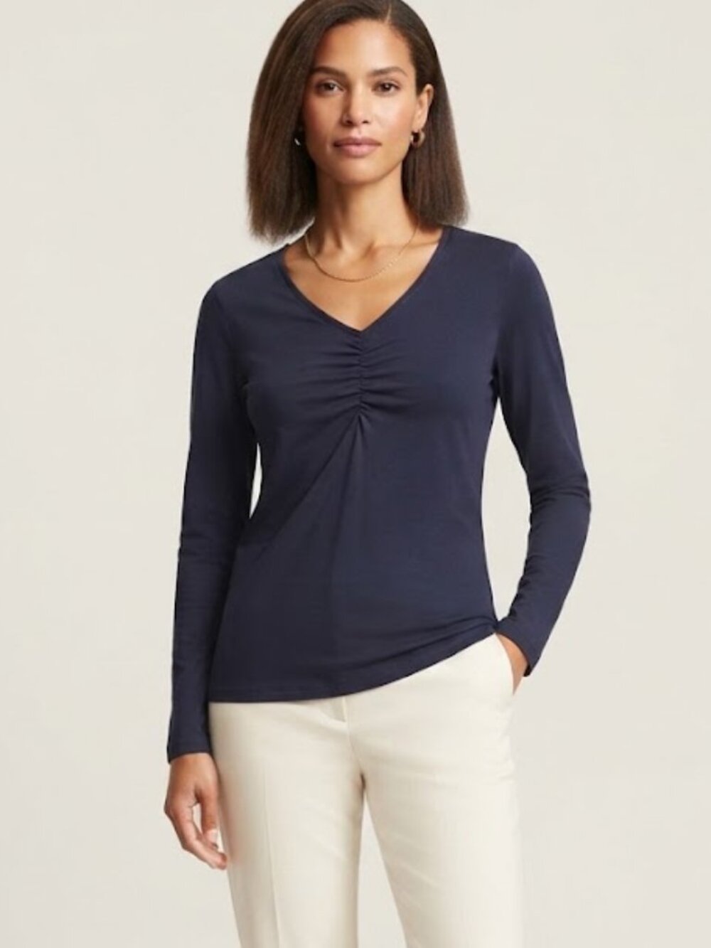 Susan Graver Weekend V-Neck Long Sleeve Cotton/Modal Top in Navy Blue Ruched XS